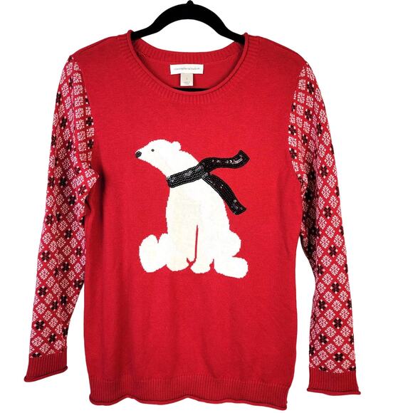 Christopher & Banks Sweater Women's S Red White Polar Bear Sequin Festive - Picture 1 of 10